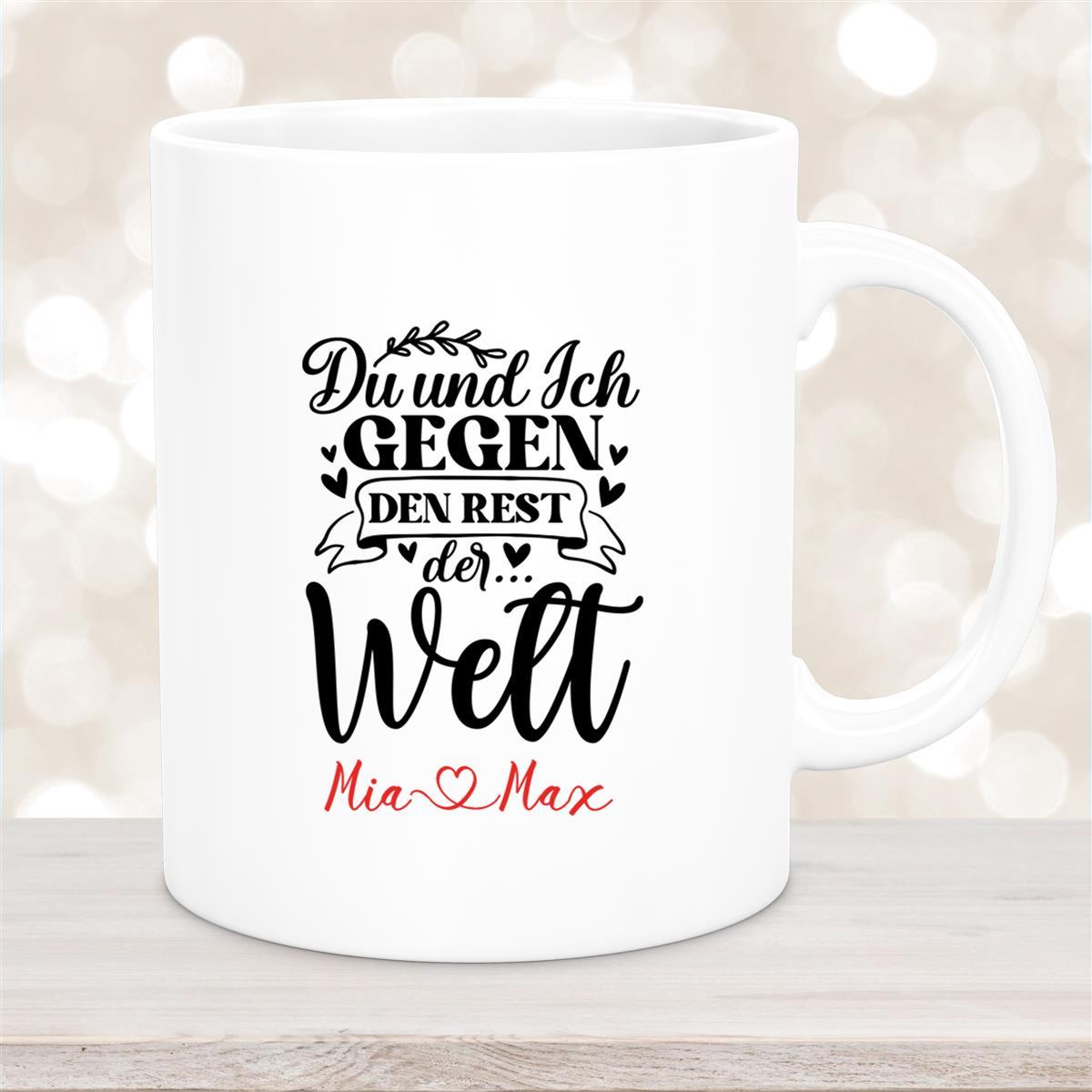 Tasse Liebe - Spruch "Du und Ich, gegen den Rest der Welt" Valentinstag Wunschnamen Keramik personalisiert Weiß