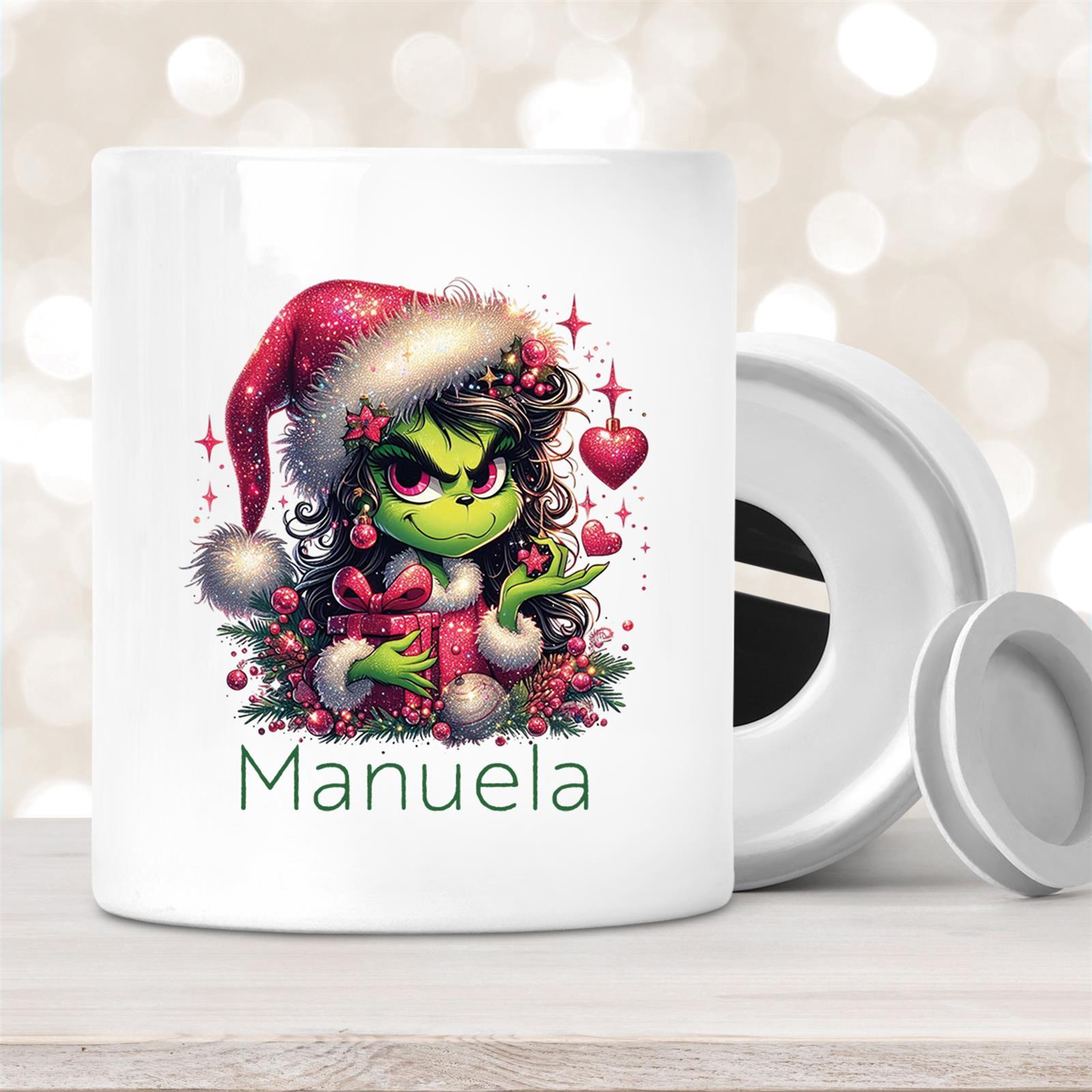 Spardose mit Wunschname Weihnachten Lady-Grinch #2 personalisiert