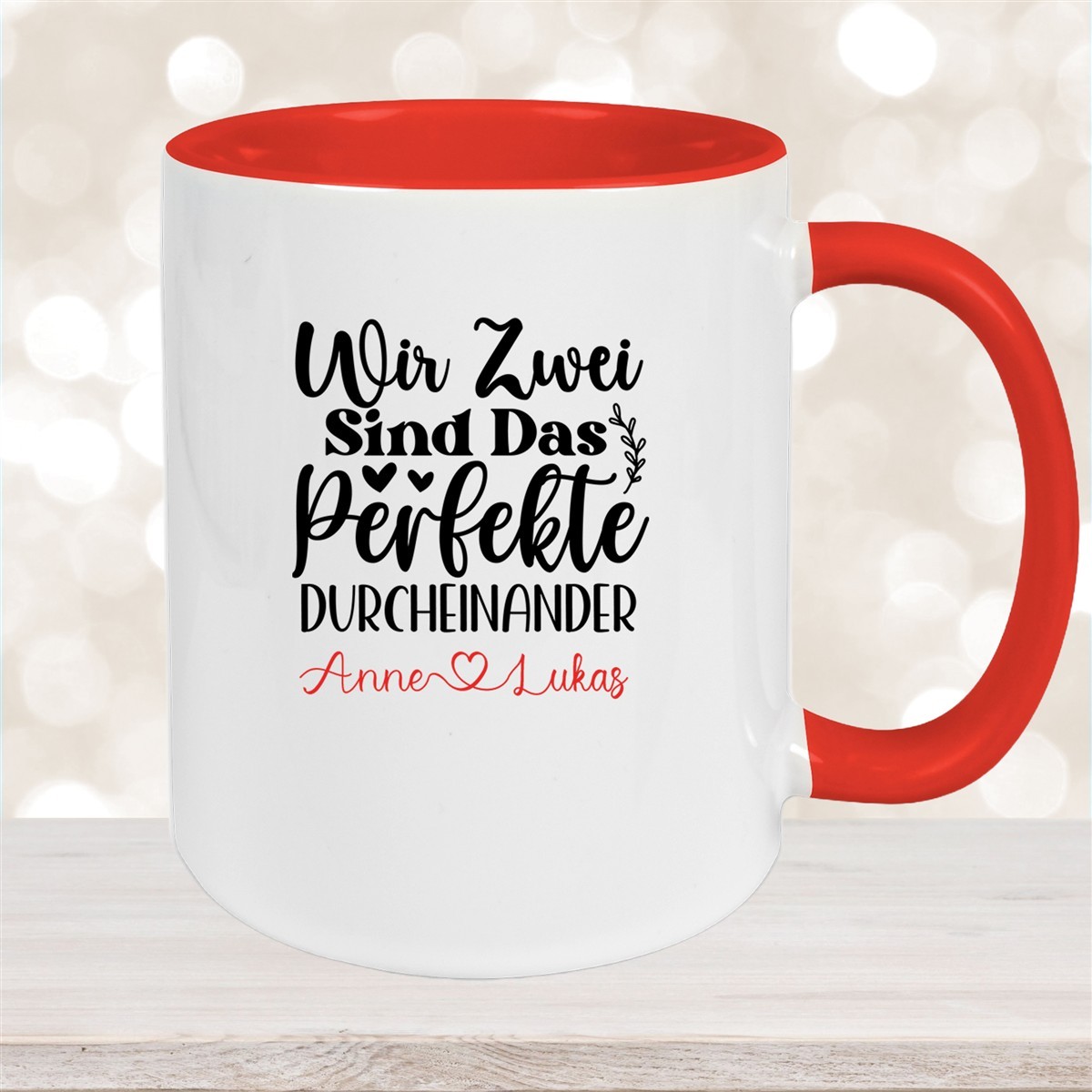 Tasse Liebe - "Wir Zwei sind das perfekte Durcheinander" Valentinstag Wunschnamen Keramik personalisiert versch. Farben