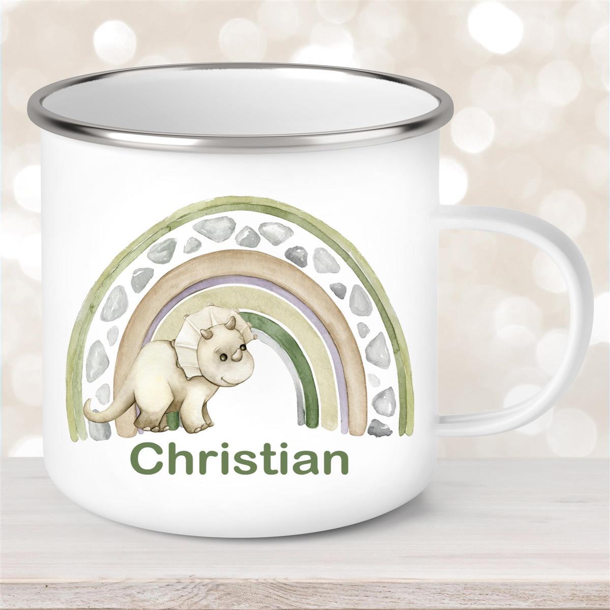 Tasse Wunschname Regenbogen-Dino Emaille Kinderbecher