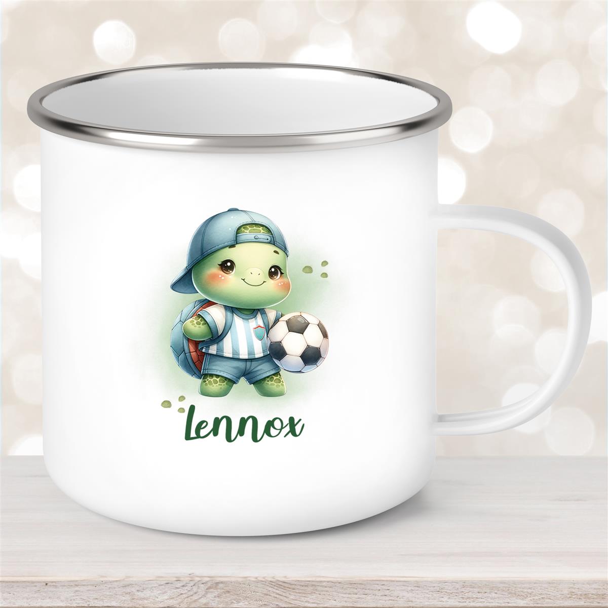 Tasse Fußball #14 Wunschname Emaille Kinderbecher personalisiert