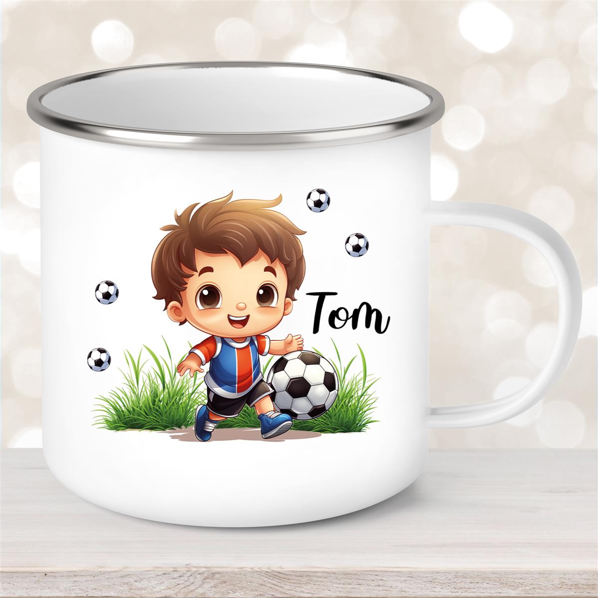 Tasse Fußball #8 Wunschname Emaille Kinderbecher personalisiert