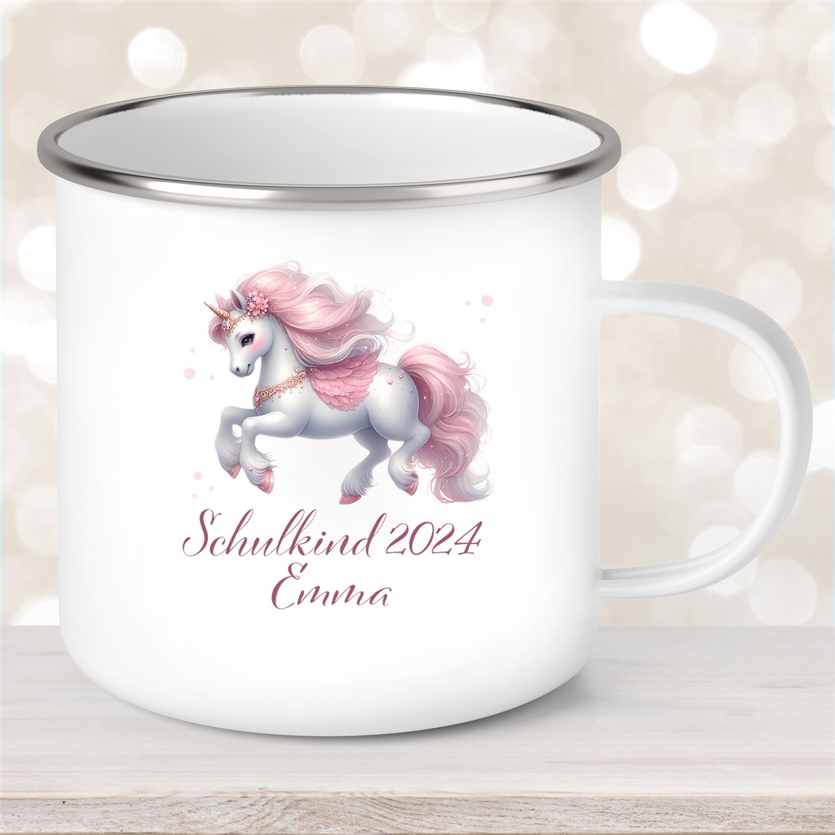 Tasse Schulkind #03 Wunschname Einhorn Emaille Kinderbecher Personalisiert