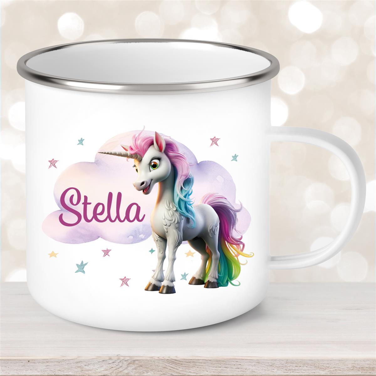 Tasse Einhorn Wolke #4 Wunschname Emaille Kinderbecher personalisiert