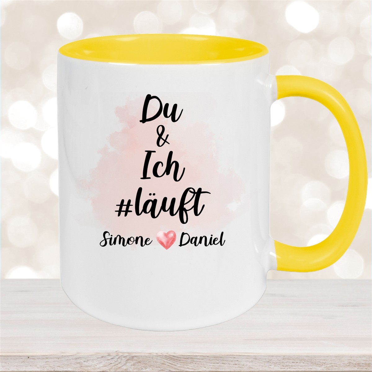 Tasse Spruch "Du & Ich Läuft" Valentinstag #8 Wunschnamen Emaille oder Keramik personalisiert versch. Farben