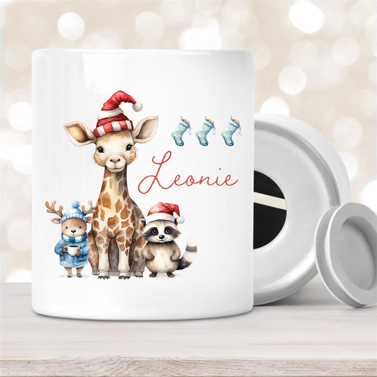 Spardose mit Wunschname Weihnachten Tiere #1 personalisiert