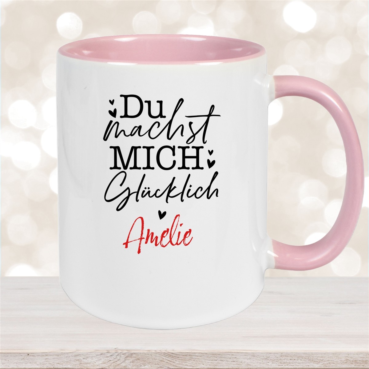 Tasse Liebe - Spruch "Du machst mich glücklich" Valentinstag Wunschnamen Keramik personalisiert versch. Farben