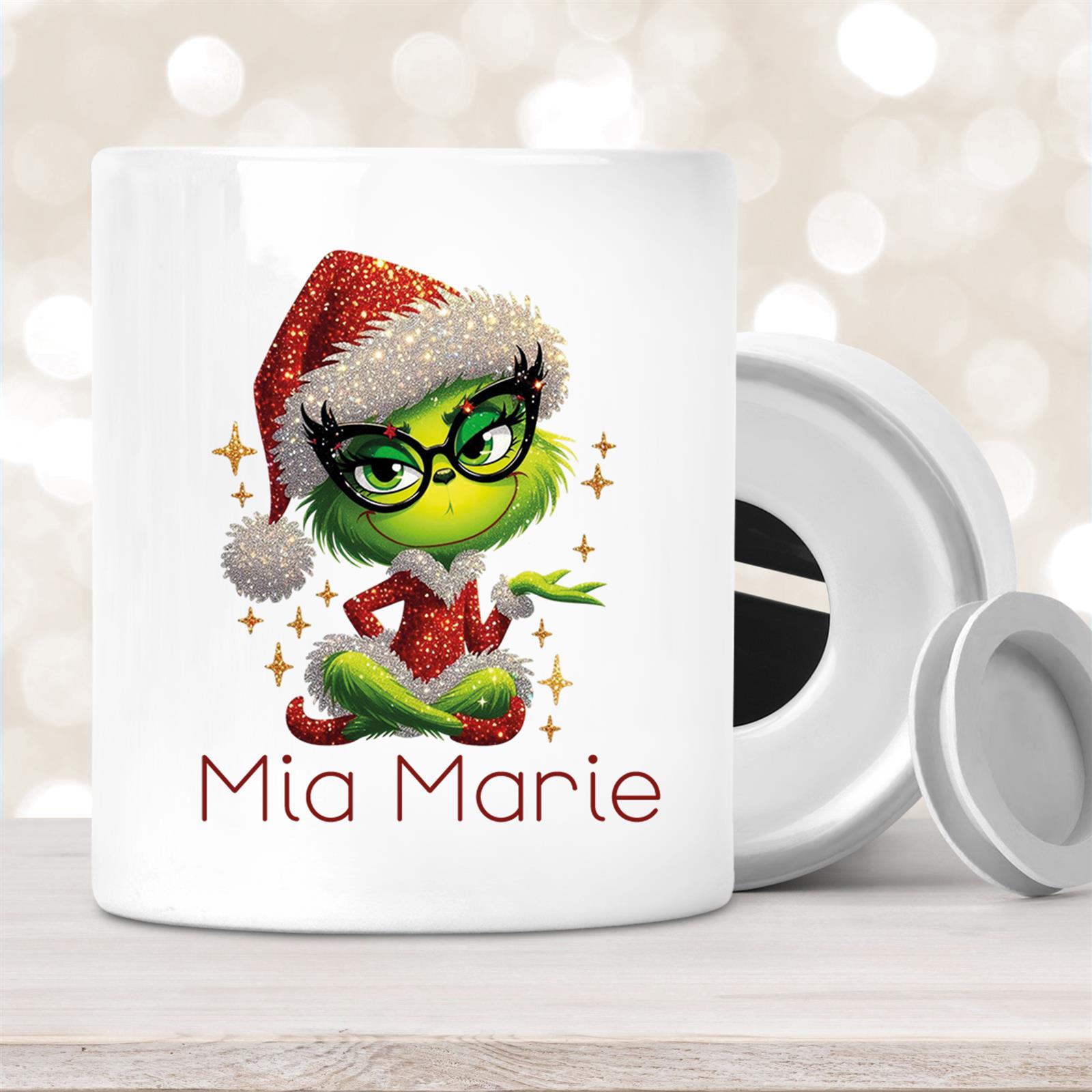 Spardose mit Wunschname Weihnachten Lady-Grinch #4 personalisiert