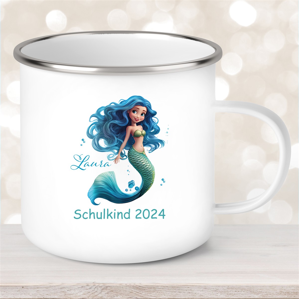 Tasse Schulkind #10 Wunschname Meerjungfrau #1 Emaille Kinderbecher Personalisiert