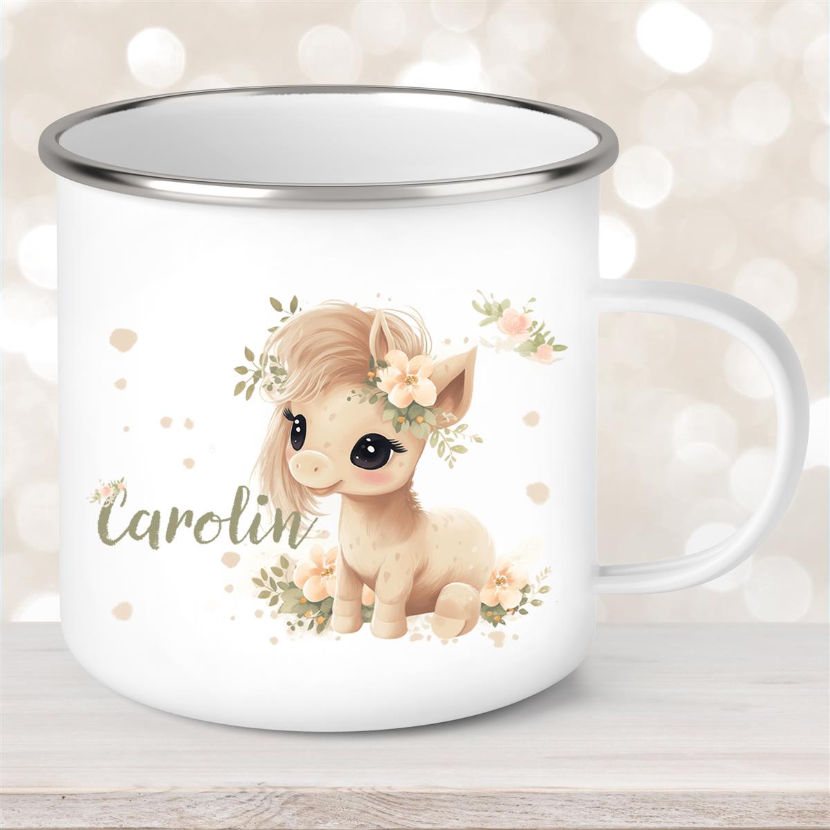 Tasse Pferd #5 Wunschname Emaille Kinderbecher personalisiert