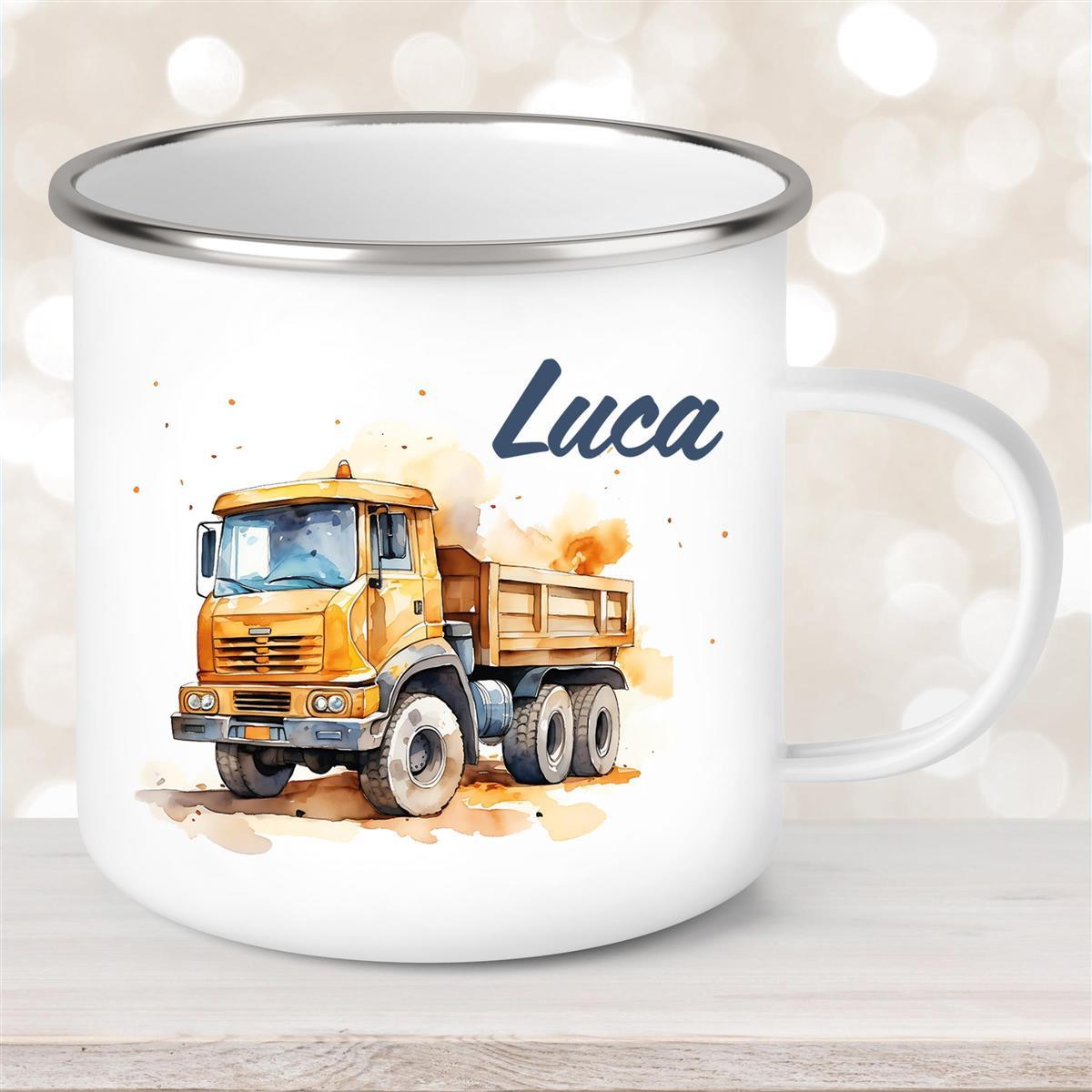 Tasse Wunschname Baustelle Kipper Emaille Kinderbecher