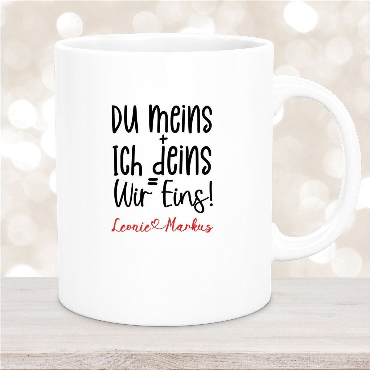 Tasse Liebe - Spruch "du meins, ich deins, wir eins" Valentinstag Wunschnamen Keramik personalisiert versch. Farben