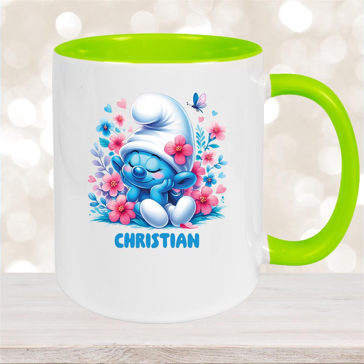 Tasse Kinder Schlumpf #1 mit Blumen Wunschname Keramik Kinderbecher personalisiert versch. Farben