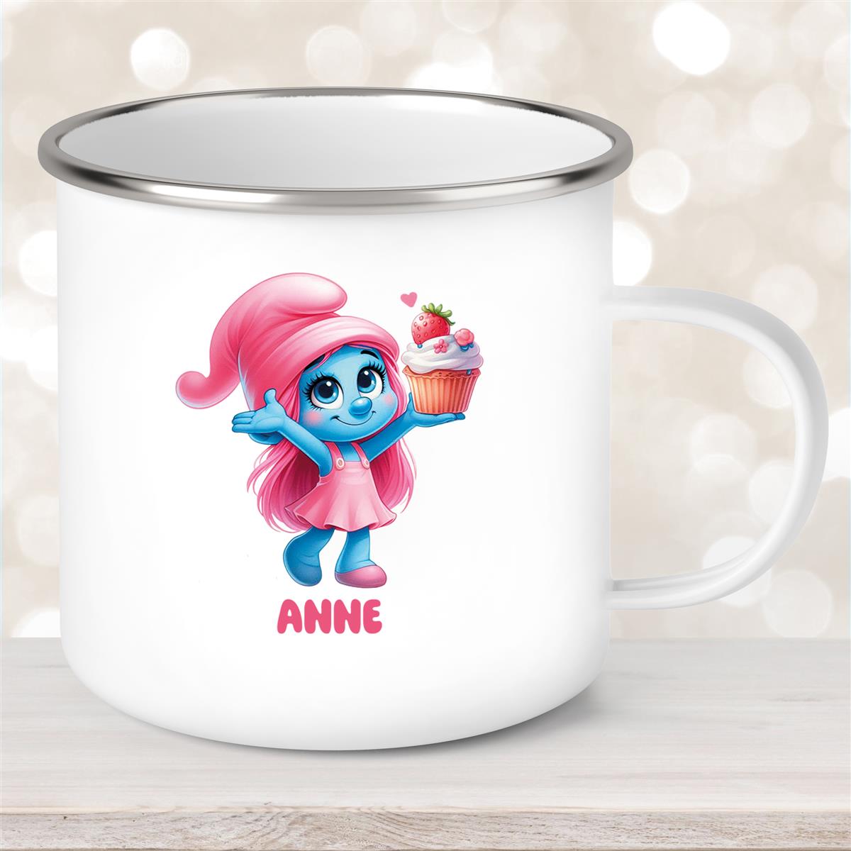 Tasse Kinder  Schlumpf #2 mit Muffin Wunschname Emaille Kinderbecher personalisiert