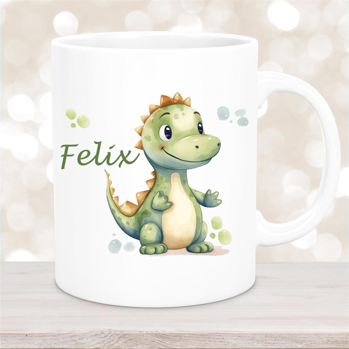 Tasse Wunschname Dino #1 Keramik Kinderbecher Weiß