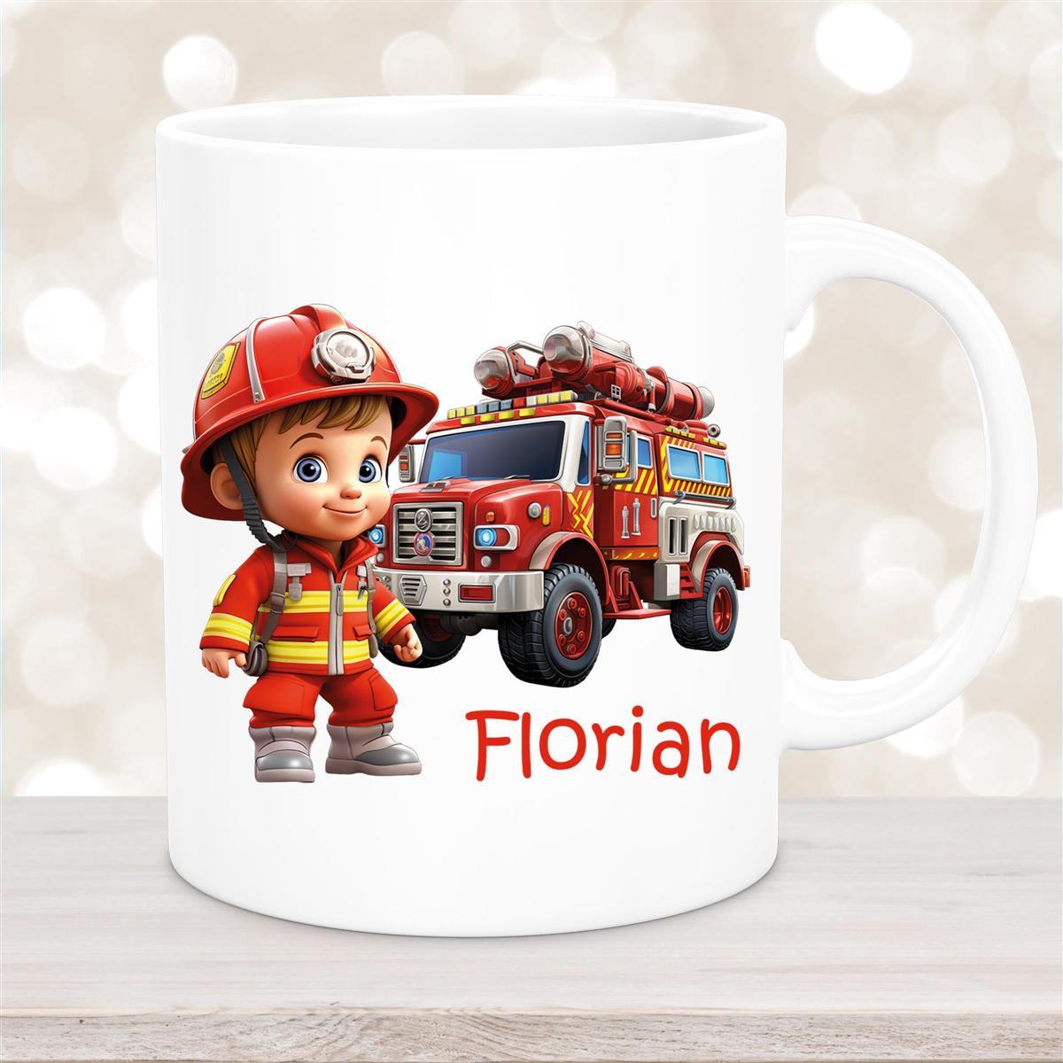 Tasse Wunschname Feuerwehr #2 Keramik Kinderbecher Weiß