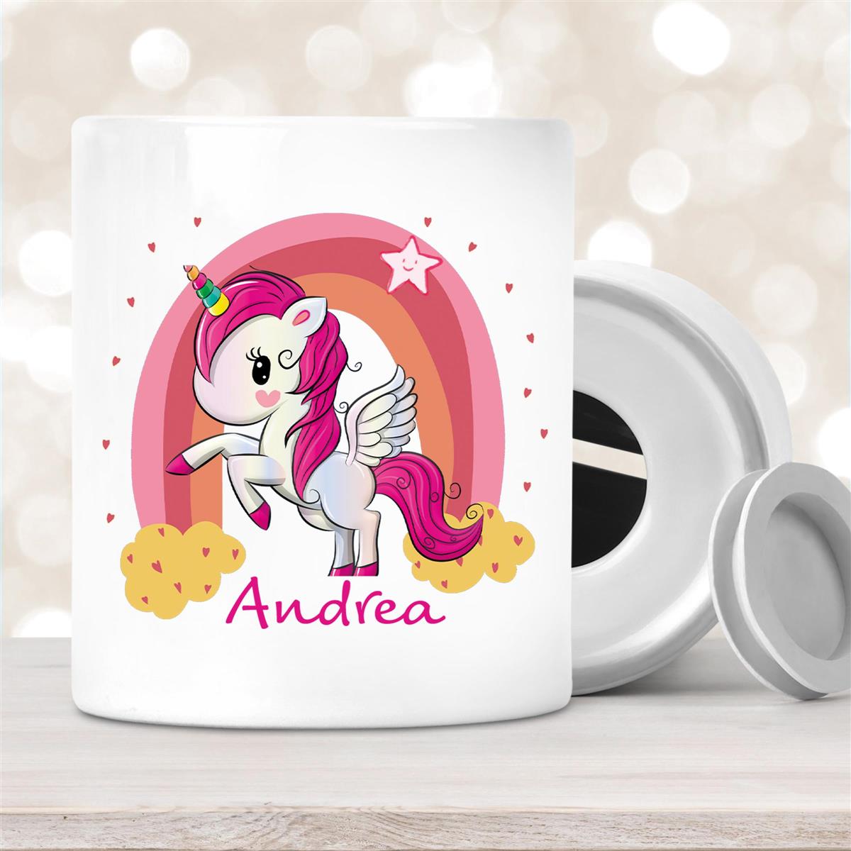 Spardose mit Wunschname Regenbogen-Einhorn personalisiert
