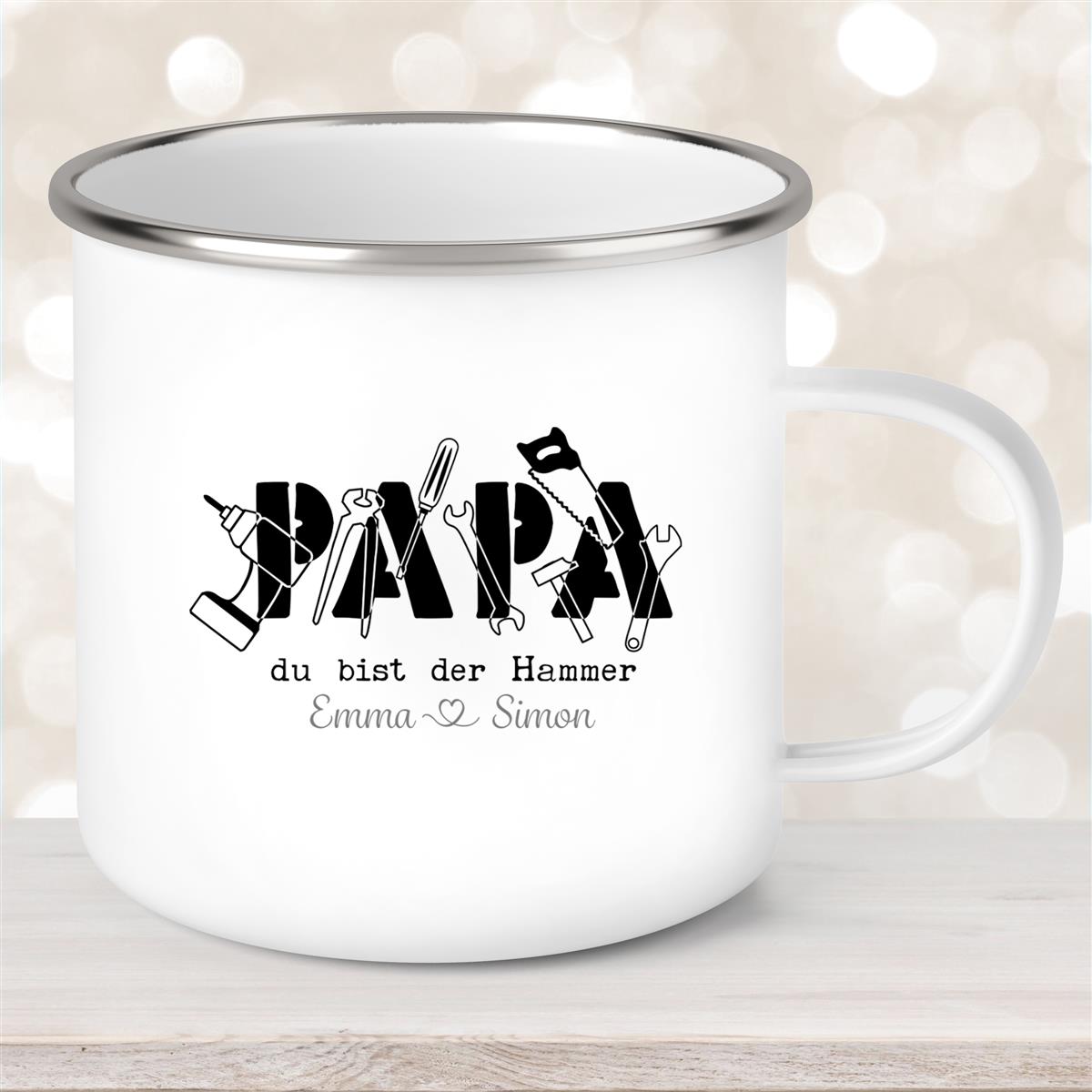Tasse Vatertag #9 Papa, "Du bist der Hammer" Wunschnamen Emaille Personalisiert