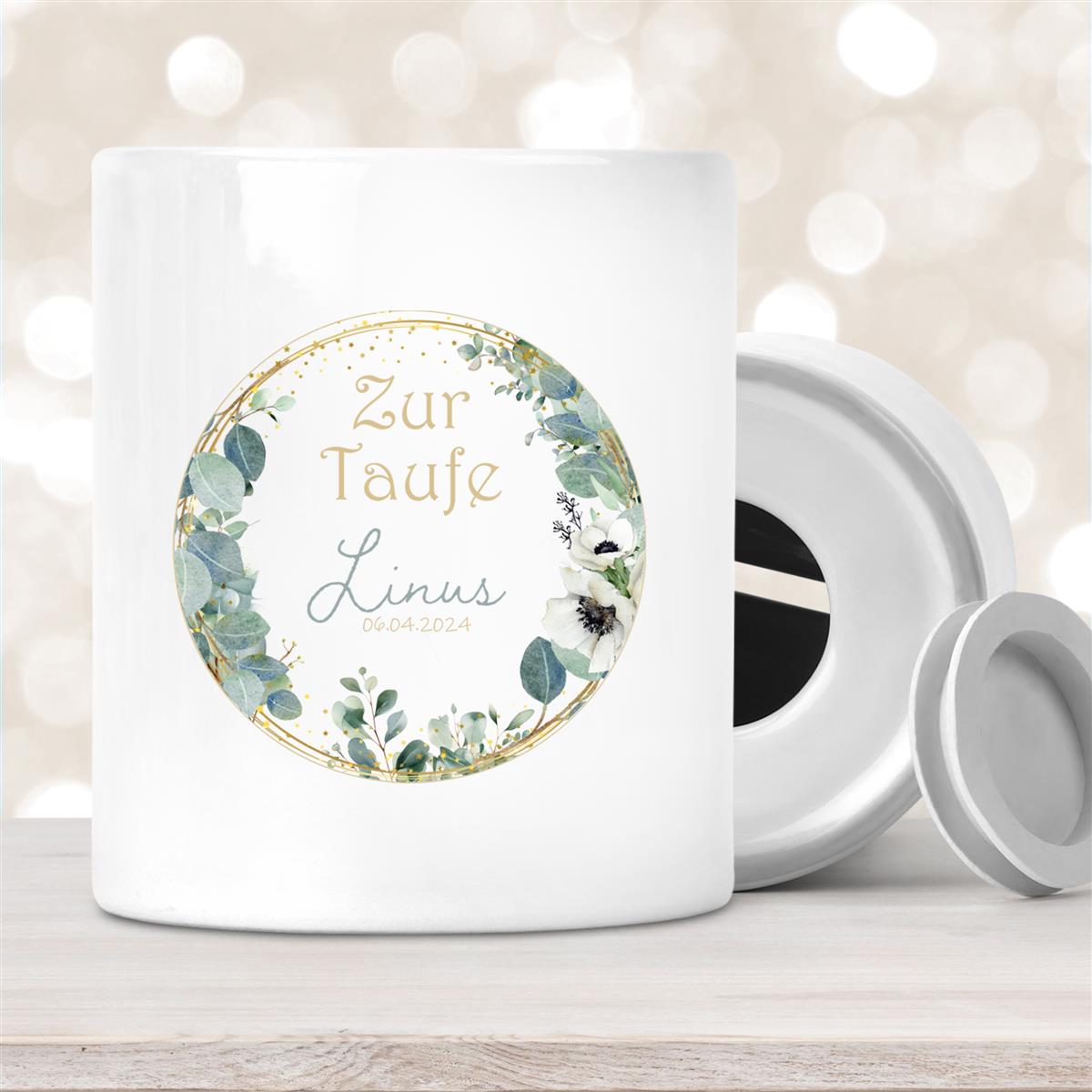 Spardose mit Wunschname Taufe Kreuz #2 personalisiert