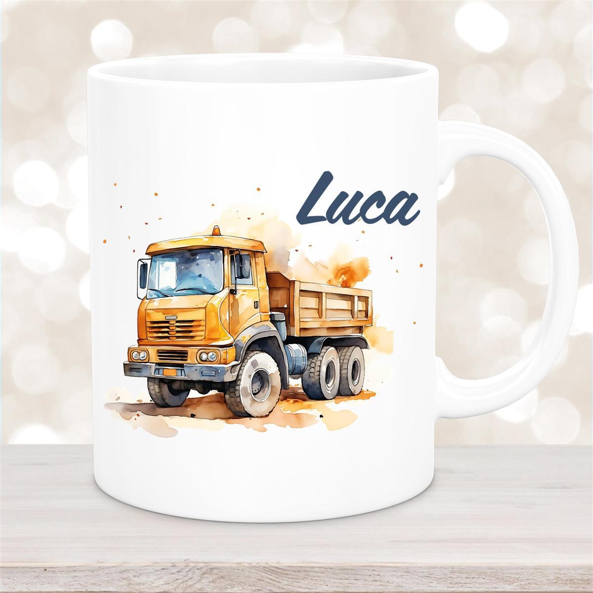 Tasse Wunschname Baustelle Kipper Keramik Kinderbecher Weiß
