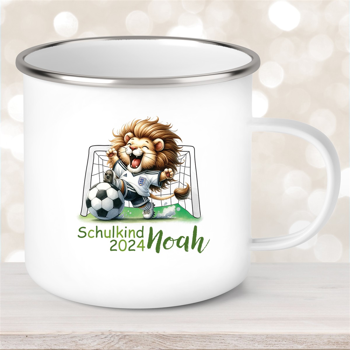 Tasse Schulkind #13 Wunschname Fußball#2 Emaille Kinderbecher Personalisiert