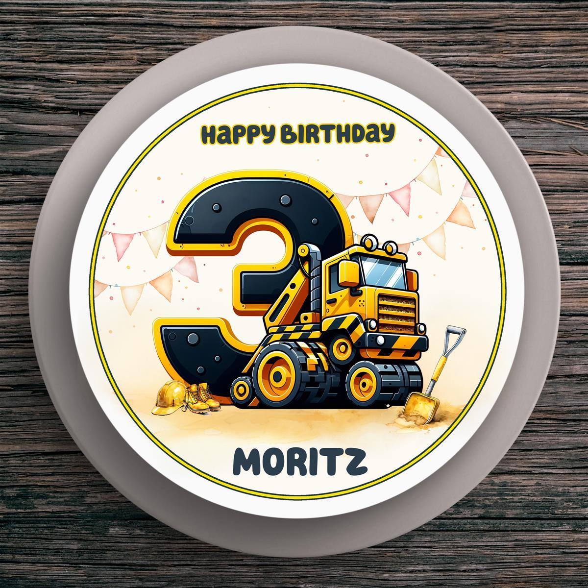 Tortenaufleger Geburtstag Baufahrzeug #2 Kipper Baustelle Steampunk Name & Zahl (20cm) Fondant Papier