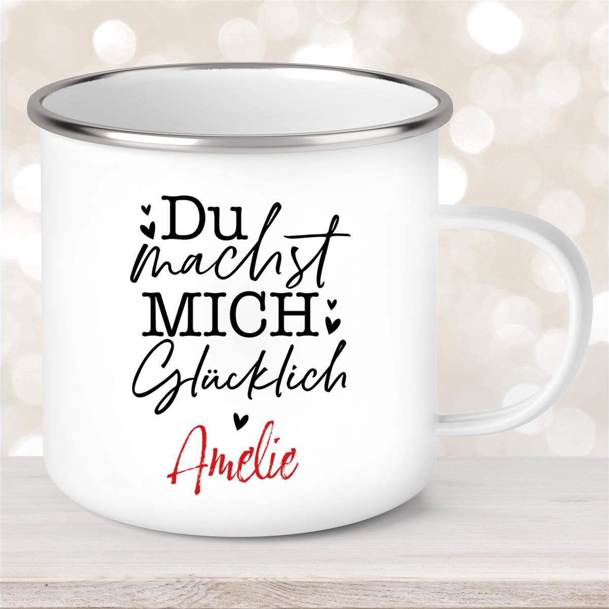 Tasse Liebe - Spruch "Du machst mich glücklich" Valentinstag Wunschnamen Emaille personalisiert