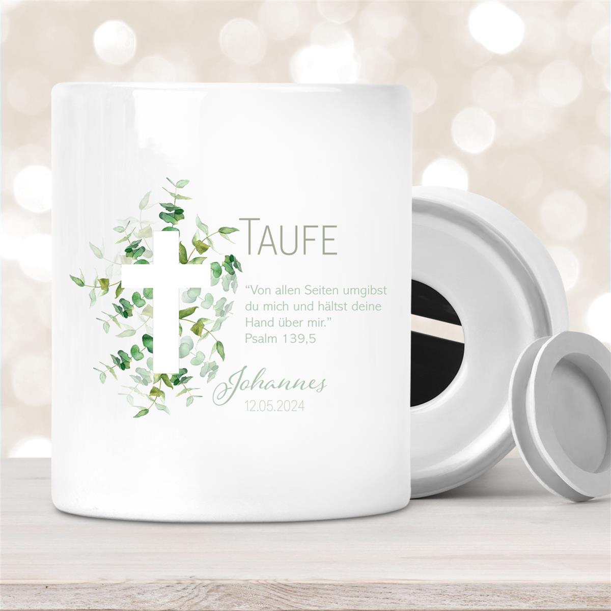 Spardose mit Wunschname Taufe Kreuz #1 personalisiert