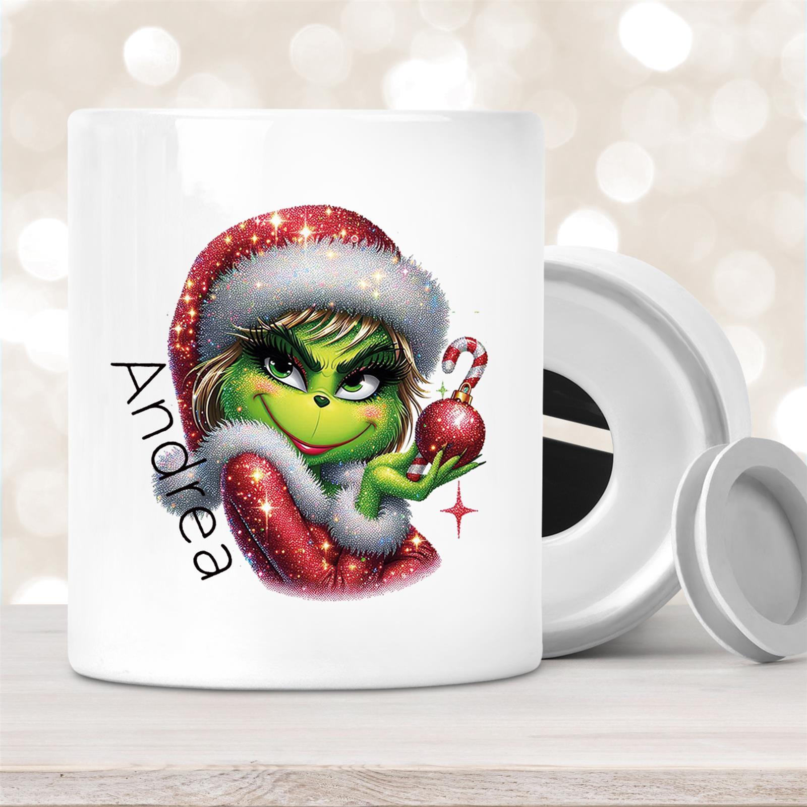Spardose mit Wunschname Weihnachten Lady-Grinch #3 personalisiert