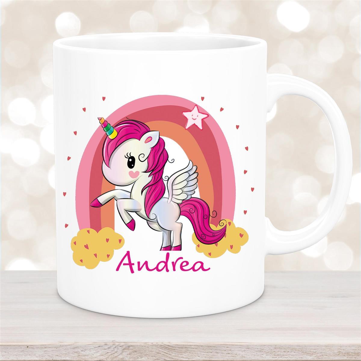Tasse Wunschname Regenbogen-Einhorn Keramik Kinderbecher personalisiert Weiß