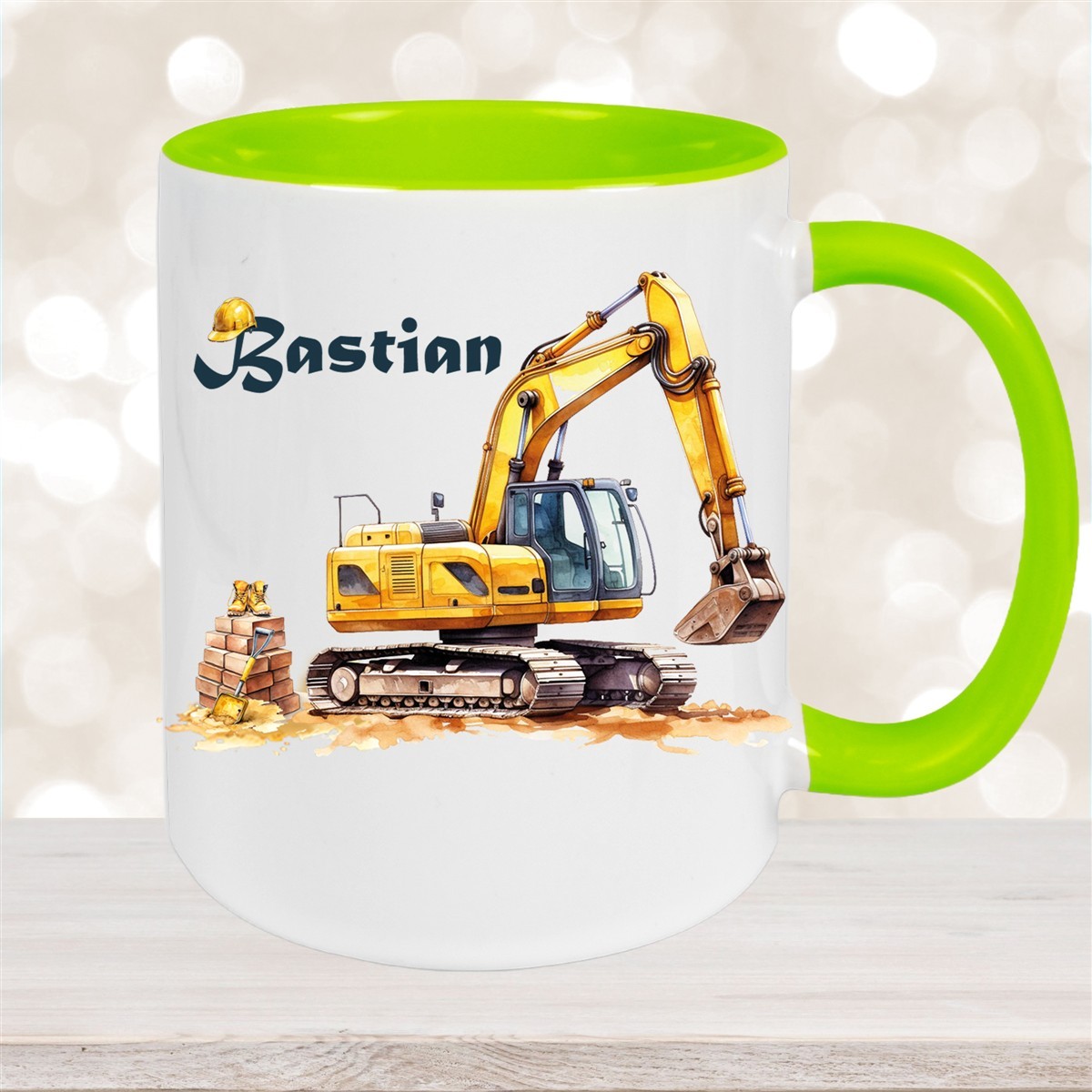 Tasse Wunschname Baustelle Bagger Keramik Kinderbecher versch. Farben